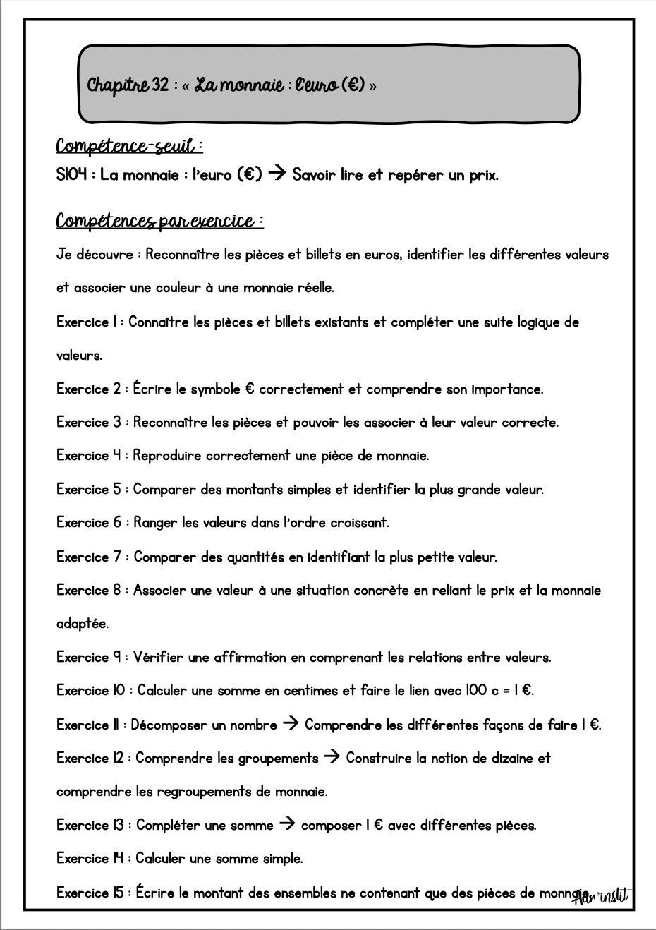 Syllabus phase 1 - Chapitre 32 - La monnaie