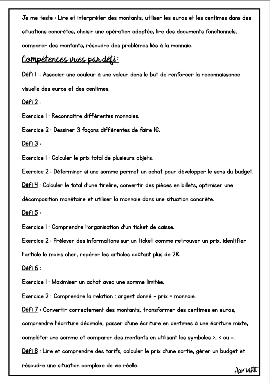 Syllabus phase 1 - Chapitre 32 - La monnaie